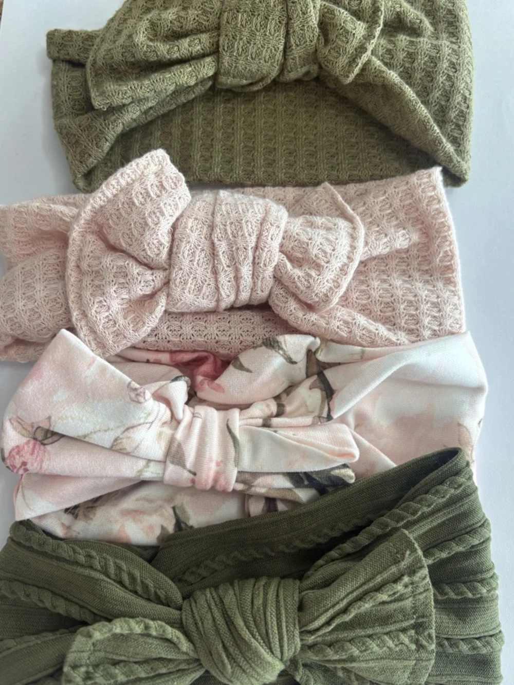 Set of Four Infant Knit Bow Headbands - Pink, Olive & Floral